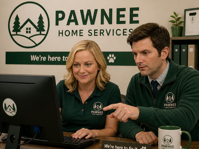 Pawnee Home Services team at the front office