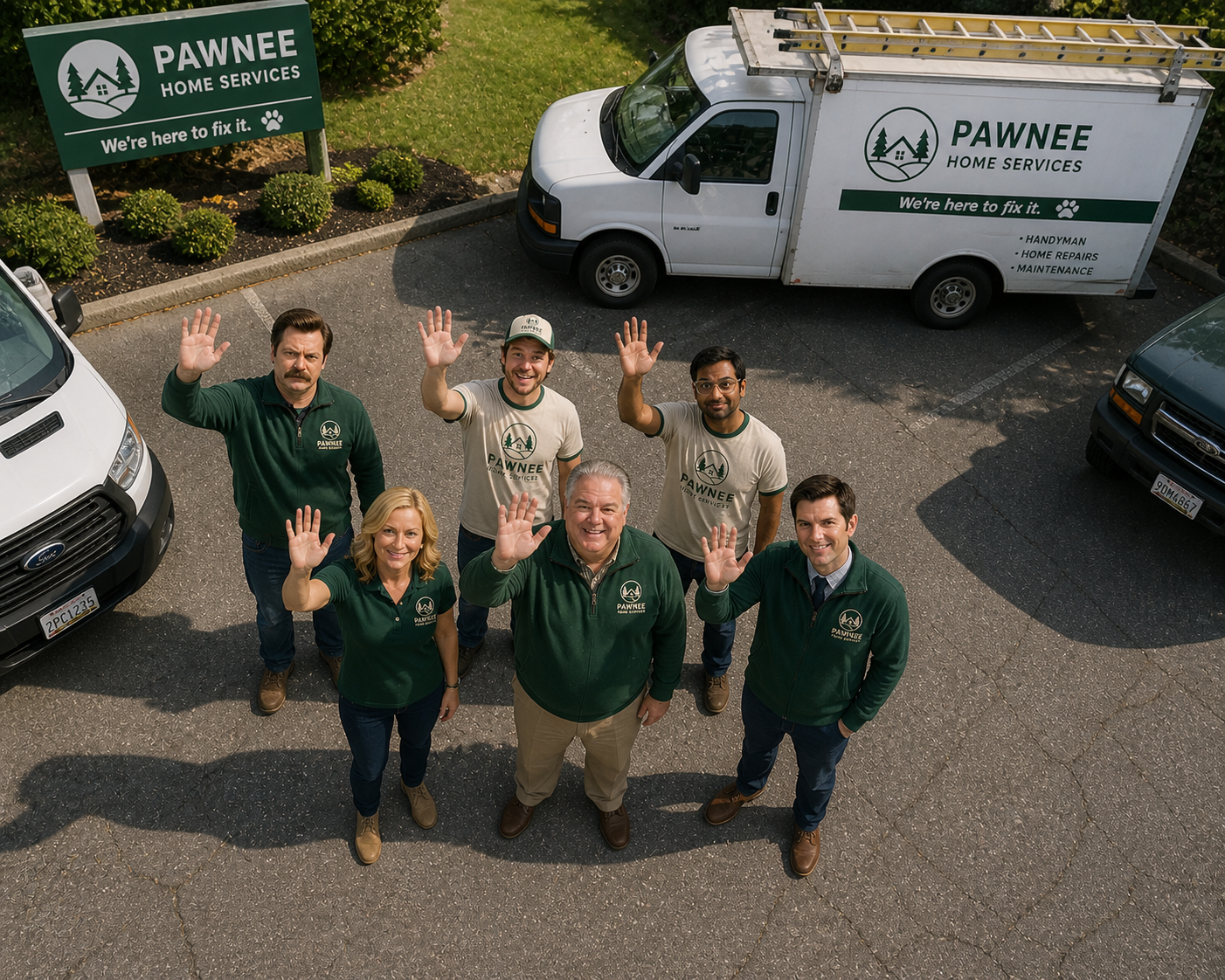 The Pawnee Home Services team waving in front of their branded trucks